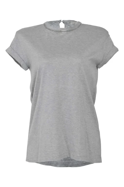 Heather grey cotton jersey mock neck pullover cap sleeve T-shirt with strass-embellished neckline