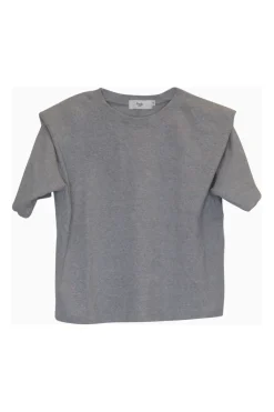 Heather grey cotton jersey pullover crewneck shoulder pad crop top