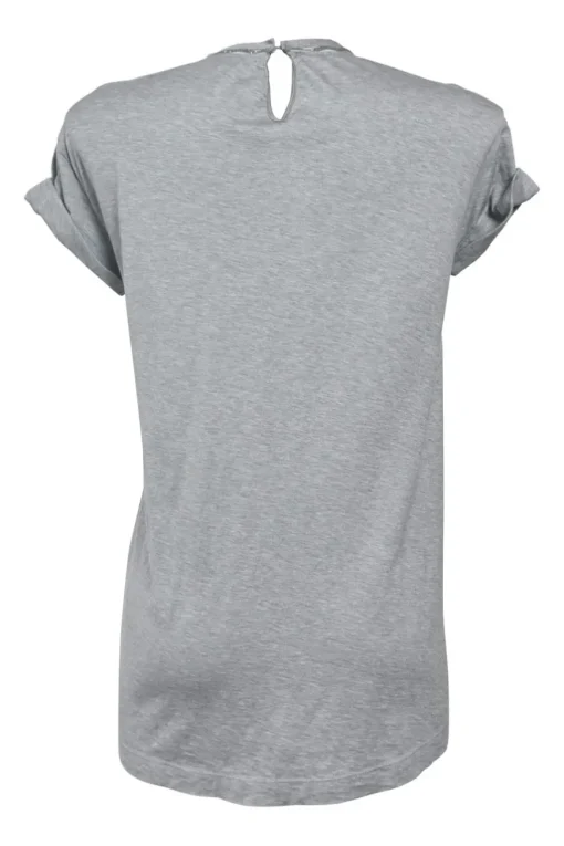 Heather grey cotton jersey mock neck pullover cap sleeve T-shirt with strass-embellished neckline