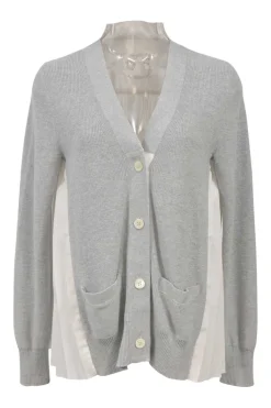 Heather grey cotton-blend mixed-media swing-style cardigan with plissé back panel
