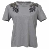 Heather grey embellished crewneck pullover T-shirt featuring leaf bead-broderie motif