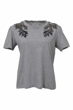 Heather grey embellished crewneck pullover T-shirt featuring leaf bead-broderie motif