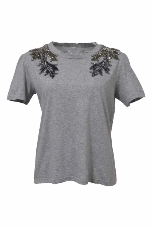 Heather grey embellished crewneck pullover T-shirt featuring leaf bead-broderie motif