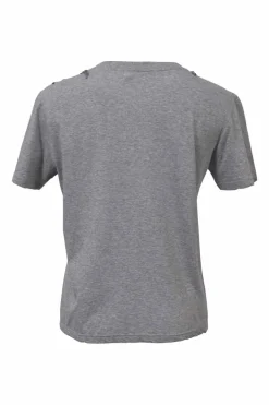 Heather grey embellished crewneck pullover T-shirt featuring leaf bead-broderie motif