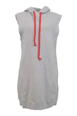 Heather grey embroidered cotton fleece Sia pullover sleeveless hoodie shift dress featuring Abbot Kinney motif