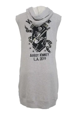 Heather grey embroidered cotton fleece Sia pullover sleeveless hoodie shift dress featuring Abbot Kinney motif