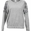 Heather grey floral-embroidered wool portrait collar top with sequin accents