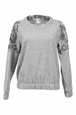 Heather grey floral-embroidered wool portrait collar top with sequin accents