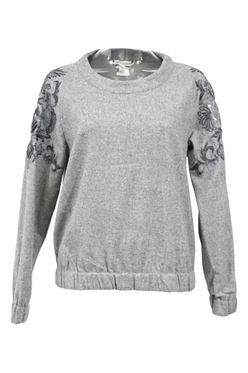 Heather grey floral-embroidered wool portrait collar top with sequin accents