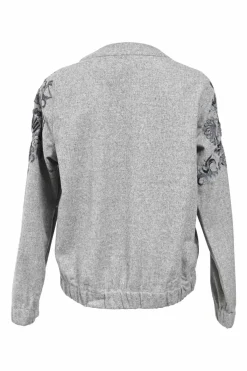 Heather grey floral-embroidered wool portrait collar top with sequin accents