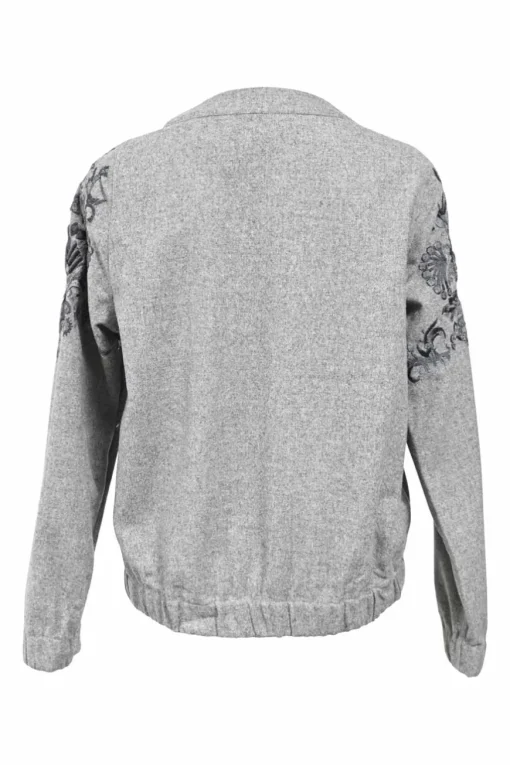 Heather grey floral-embroidered wool portrait collar top with sequin accents