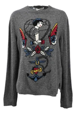 Heather grey wool and cashmere-blend Cupid 'Joe Mary' Tattoo crewneck sweater with front and back intarsia motifs