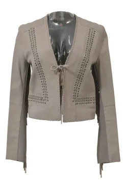 Heather grey wool interlock jersey knit cold-shoulder mock neck slit sweater with shank button shoulder line appliqué