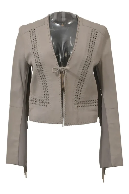 Heather grey wool interlock jersey knit cold-shoulder mock neck slit sweater with shank button shoulder line appliqué
