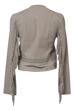 Heather grey wool interlock jersey knit cold-shoulder mock neck slit sweater with shank button shoulder line appliqué