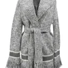 Heather grey wool-cashmere blend fringe jersey knit tie-waist shawl collar cardigan featuring hem logo motif