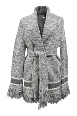 Heather grey wool-cashmere blend fringe jersey knit tie-waist shawl collar cardigan featuring hem logo motif
