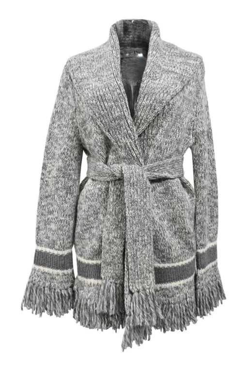 Heather grey wool-cashmere blend fringe jersey knit tie-waist shawl collar cardigan featuring hem logo motif