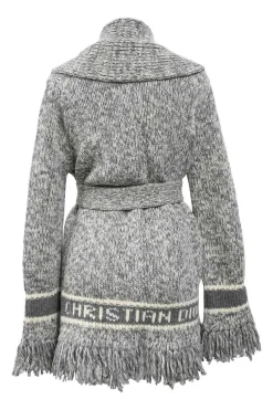 Heather grey wool-cashmere blend fringe jersey knit tie-waist shawl collar cardigan featuring hem logo motif