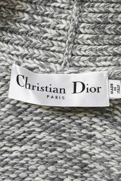 Heather grey wool-cashmere blend fringe jersey knit tie-waist shawl collar cardigan featuring hem logo motif
