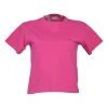 Hot pink cotton jersey cropped pullover T-shirt featuring screen-printed chest logo detail