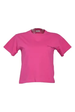 Hot pink cotton jersey cropped pullover T-shirt featuring screen-printed chest logo detail