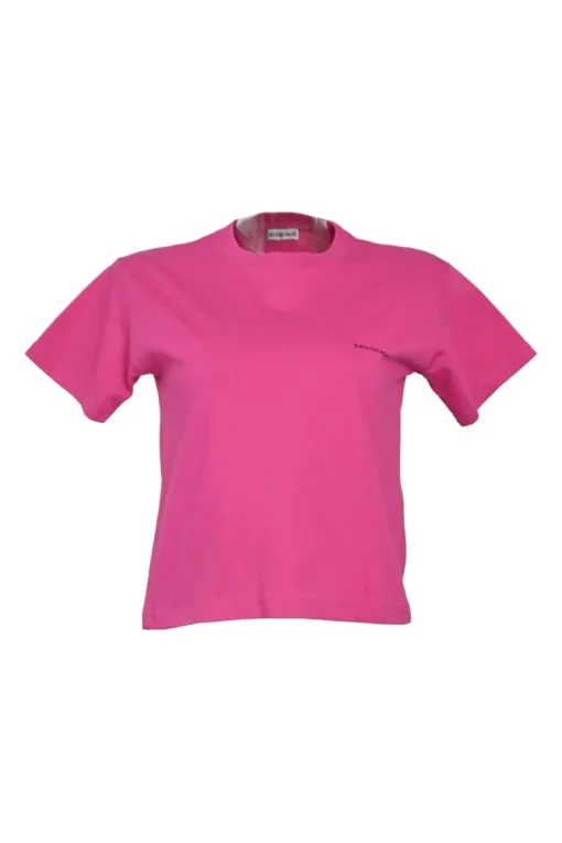Hot pink cotton jersey cropped pullover T-shirt featuring screen-printed chest logo detail