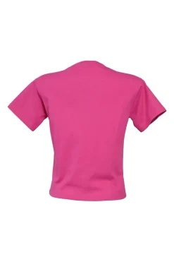 Hot pink cotton jersey cropped pullover T-shirt featuring screen-printed chest logo detail