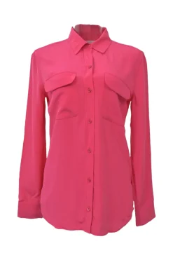 Hot pink silk classic collar button-front shirt with cargo chest patch pockets
