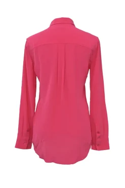 Hot pink silk classic collar button-front shirt with cargo chest patch pockets