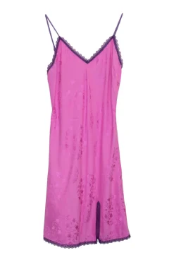Hot pink silk floral jacquard slit-front slip with lace-trimmed edges and adjustable spaghetti straps