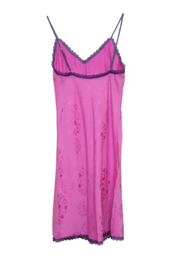 Hot pink silk floral jacquard slit-front slip with lace-trimmed edges and adjustable spaghetti straps