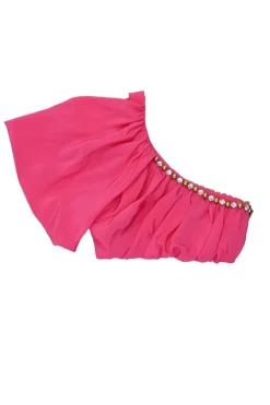 Hot pink viscose-blend embellished draped cold-shoulder bandeau top with exposed side zip fastening