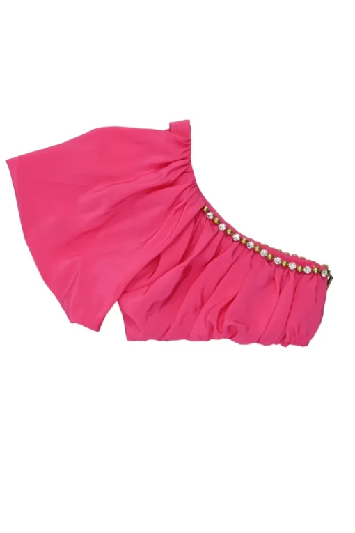 Hot pink viscose-blend embellished draped cold-shoulder bandeau top with exposed side zip fastening