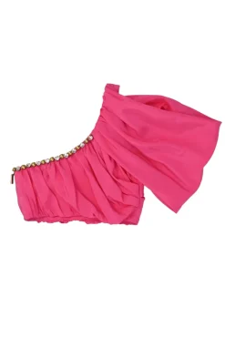 Hot pink viscose-blend embellished draped cold-shoulder bandeau top with exposed side zip fastening