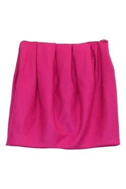 Hot pink wool tweed pull-on mini skirt with gathered waistline
