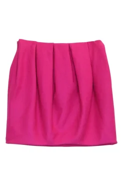 Hot pink wool tweed pull-on mini skirt with gathered waistline