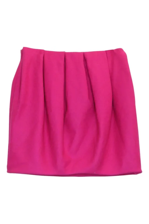 Hot pink wool tweed pull-on mini skirt with gathered waistline
