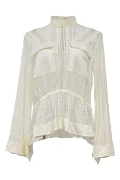 Iconic Milk viscose lace shirtwaist-style high-collar peek-a-boo peplum blouse with ribbon-tie fastening at waist