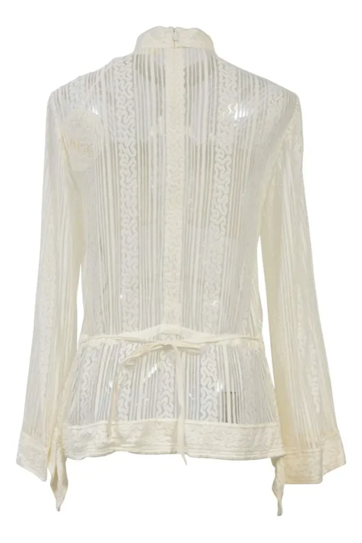 Iconic Milk viscose lace shirtwaist-style high-collar peek-a-boo peplum blouse with ribbon-tie fastening at waist