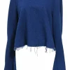 Indigo blue distressed cotton crewneck bell-sleeve crop top with fringed hem