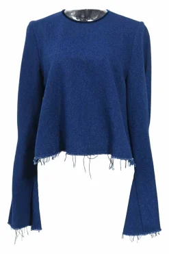 Indigo blue distressed cotton crewneck bell-sleeve crop top with fringed hem