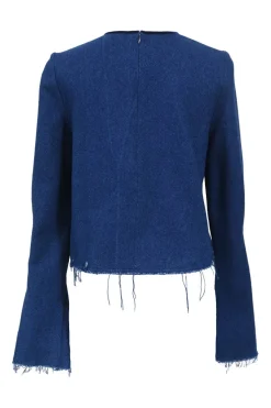 Indigo blue distressed cotton crewneck bell-sleeve crop top with fringed hem