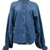 Indigo cotton denim peak collar Claire button-up shirt with balloon sleeves
