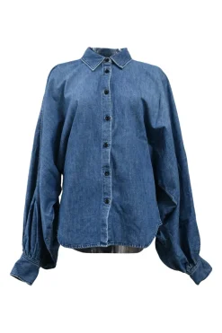 Indigo cotton denim peak collar Claire button-up shirt with balloon sleeves