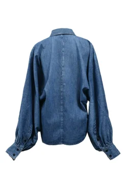 Indigo cotton denim peak collar Claire button-up shirt with balloon sleeves