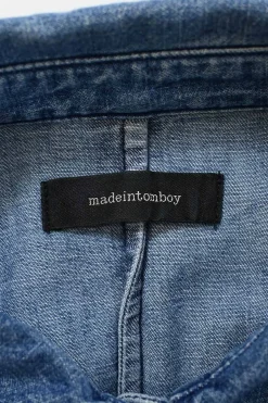 Indigo cotton denim peak collar Claire button-up shirt with balloon sleeves