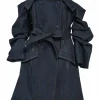 Indigo cotton-blend denim off-the-shoulder Malinda mini dress with notched-lapel neckline and ruched three-quarter sleeves