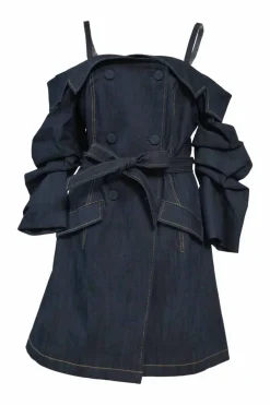 Indigo cotton-blend denim off-the-shoulder Malinda mini dress with notched-lapel neckline and ruched three-quarter sleeves
