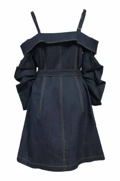 Indigo cotton-blend denim off-the-shoulder Malinda mini dress with notched-lapel neckline and ruched three-quarter sleeves